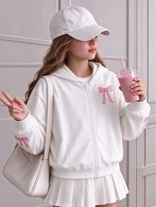 SHEIN Tween Girls Fall Clothes White 1pc Zip-Up Hoodie Jacket Butterfly Embroidery Design, Long Sleeve, Drawstring Waist Winter, Cute School Off Campus - White - View 2