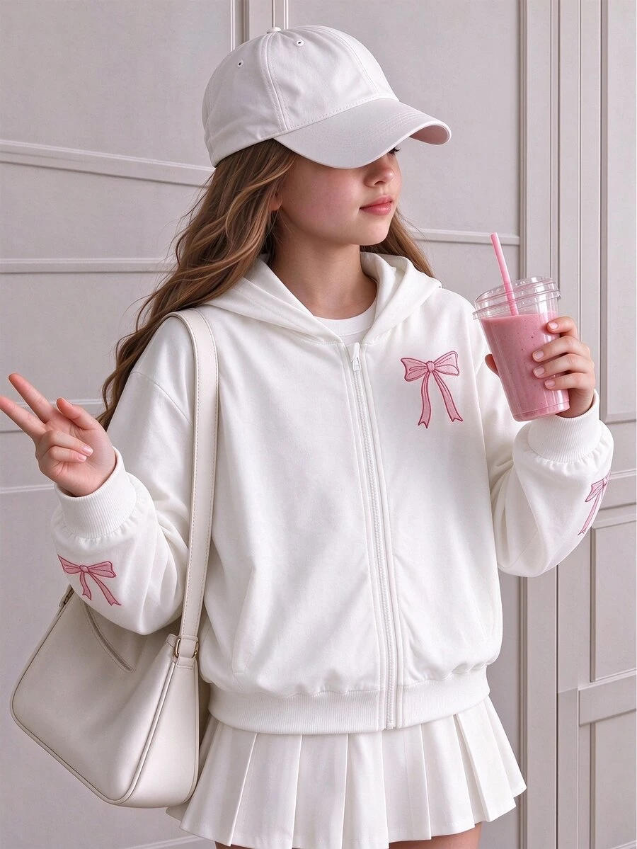 SHEIN Tween Girls Fall Clothes White 1pc Zip-Up Hoodie Jacket Butterfly Embroidery Design, Long Sleeve, Drawstring Waist Winter, Cute School Off Campus