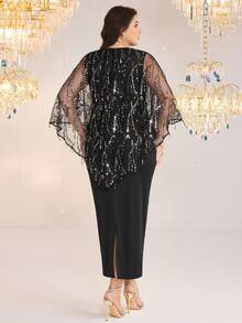 Modelyn Plus Size Elegant Party Sequined Mesh Top & Sleeveless Dress 2pcs Set Fall - Black - View 3