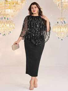 Modelyn Plus Size Elegant Party Sequined Mesh Top & Sleeveless Dress 2pcs Set Fall - Black - View 5
