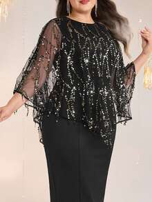 Modelyn Plus Size Elegant Party Sequined Mesh Top & Sleeveless Dress 2pcs Set Fall - Black - View 7