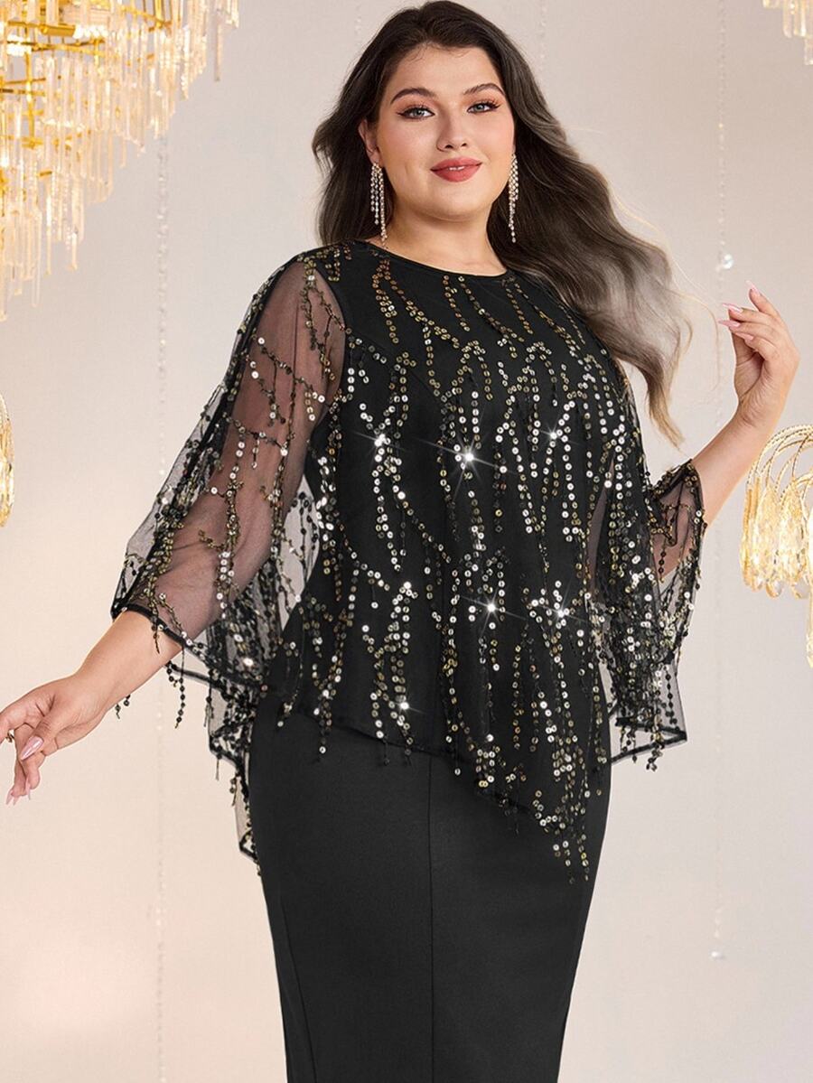 Modelyn Plus Size Elegant Party Sequined Mesh Top & Sleeveless Dress 2pcs Set Fall
