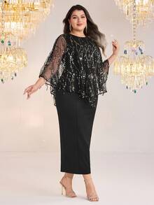 Modelyn Plus Size Elegant Party Sequined Mesh Top & Sleeveless Dress 2pcs Set Fall - Black - View 4