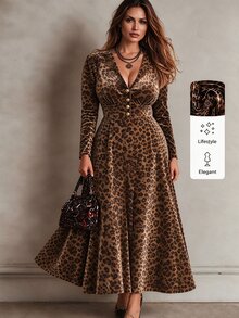 Linhara CURVE 大尺碼女款豹紋V領長袖A字百褶優雅洋裝 - 卡其色 - 查看 1