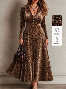 Linhara CURVE 大尺碼女款豹紋V領長袖A字百褶優雅洋裝 - 卡其色 - 查看 4