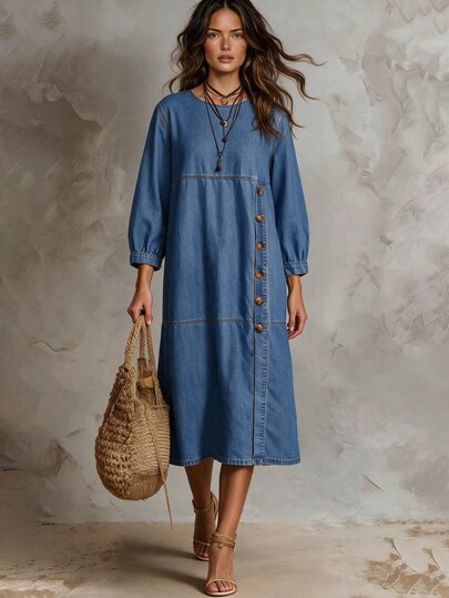 Solivie Women's Relaxed A-Line Denim Midi Dress, Balloon Sleeve Tiered Jean Dress,Boho Denim Dress,Vacation Outfit,Halloween,Christmas,New Year,Brunch Outfit