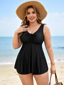 SHEIN Swim مجموعة ملابس سباحة شاطئية عطلة بسيطة للنساء مقاس كبير، قطعتان بطباعة عشوائية، توب بدون أكمام وسروال، برباط أمامي، تحكم في البطن، تنحيف - الأسود - مشاهدة 2