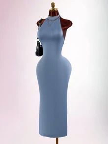 Amplova Solid Backless Halter Neck Bodycon Dress - Grey - View 2