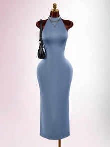 Amplova Solid Backless Halter Neck Bodycon Dress - Grey - View 7