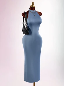 Amplova Solid Backless Halter Neck Bodycon Dress - Grey - View 4