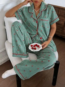 CottageSlumber Bubble Crinkle Sweet Striped Cherry Print Open Front Lapel Women's Pajama Set - Dark Green - View 2