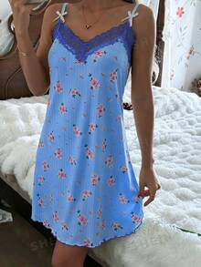 CottageSlumber Women's Ribbed Knit Romantic Floral Lace Trim Camisole Nightgown - Blue - View 6