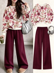 Tween Girls Autumn/Winter Fashion Retro Colorful Floral Pattern Crew Neck Sweatshirt & Straight Leg Pants Set - Multicolor - View 1
