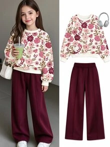 Tween Girls Autumn/Winter Fashion Retro Colorful Floral Pattern Crew Neck Sweatshirt & Straight Leg Pants Set - Multicolor - View 3