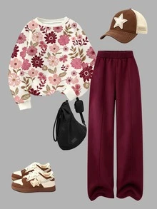 Tween Girls Autumn/Winter Fashion Retro Colorful Floral Pattern Crew Neck Sweatshirt & Straight Leg Pants Set - Multicolor - View 4