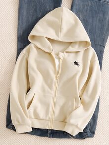 SHEIN Sparklyn 秋冬女款連帽拉鍊外套－街頭風運動衫，適合秋冬的保暖針織面料秋季衣物 - 杏色 - 查看 1