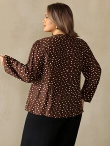 SHEIN CURVE+ Áo sơ mi nữ size lớn họa tiết chấm bi, phong cách thường ngày, đa năng, mặc hàng ngày - màu nâu - Xem 2