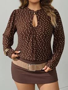 SHEIN CURVE+ Áo sơ mi nữ size lớn họa tiết chấm bi, phong cách thường ngày, đa năng, mặc hàng ngày - màu nâu - Xem 1