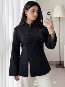 Solavon بلوزة نسائية بلون موحد بتصميم صيني جديد عصري بسيط - الأسود - مشاهدة 1