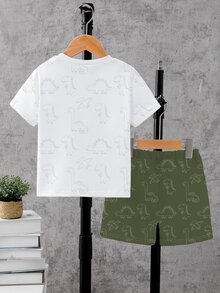SHEIN 1 套幼儿卡通风格服装，白色短袖 T 恤，带有俏皮的绿色恐龙印花，覆盖恐龙线条图，搭配绿色短裤，适合日常玩耍，春夏可爱之选 - 彩色 - 查看 2