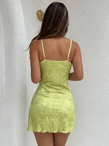 DAZY Summer Botanical Print Drawstring V-Neck Sleeveless Short Nightgown For Women Pajamas - Green - View 2