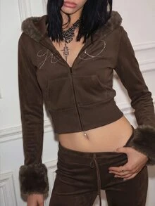 CHAOSSORY CHAOSSORY Women's Hooded Long Sleeve Slim Fit Cinched Waist Sweatshirt Jacket - Coffee Brown - View 5