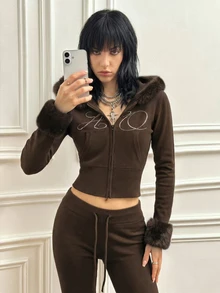 CHAOSSORY CHAOSSORY Women's Hooded Long Sleeve Slim Fit Cinched Waist Sweatshirt Jacket - Coffee Brown - View 1