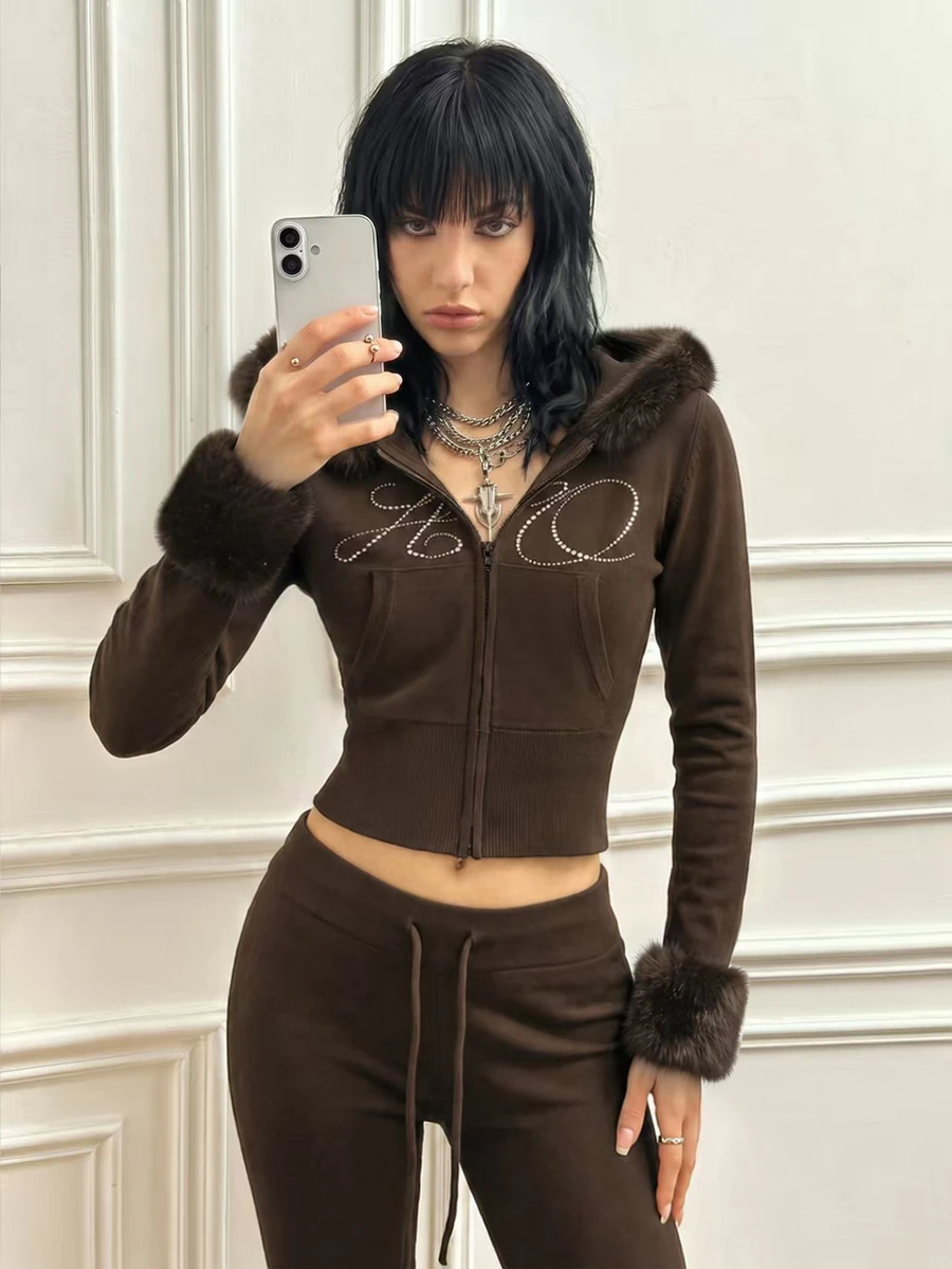 CHAOSSORY CHAOSSORY Women's Hooded Long Sleeve Slim Fit Cinched Waist Sweatshirt Jacket - Coffee Brown - View 1