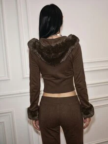 CHAOSSORY CHAOSSORY Women's Hooded Long Sleeve Slim Fit Cinched Waist Sweatshirt Jacket - Coffee Brown - View 2