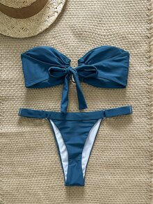 SHEIN Swim Springbreak Women Summer Solid Color Bandeau Top With Metal Decor And Thong Brief 2 Pieces Bikini Swimwear Set - Teal Blue - View 2