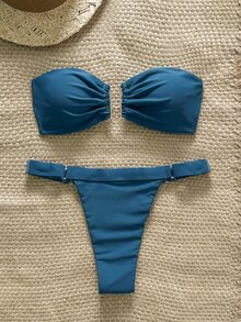 SHEIN Swim Springbreak Women Summer Solid Color Bandeau Top With Metal Decor And Thong Brief 2 Pieces Bikini Swimwear Set - Teal Blue - View 3