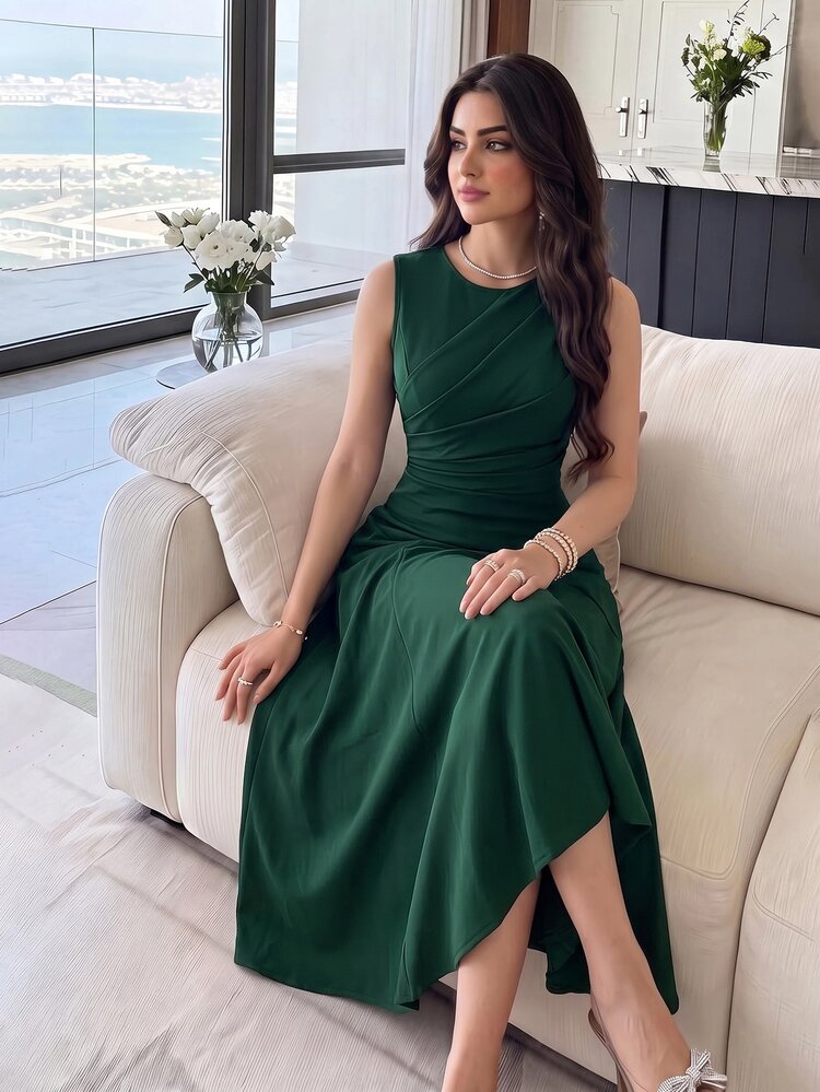 Modelyn Women's Solid Color Round Neck Pleated Design Sleeveless Elegant Dress Christmas New Year Dinner Party Cocktail Dark Green Summer - Dark Green - View 3