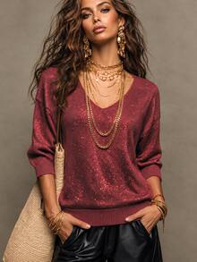 SHEIN New Spring Fall Glam Lurex Knit Slant Cut V Neck Top Women Drop Shoulder Three Quarter Cuff Sleeve Rel - Burgundy - View 5