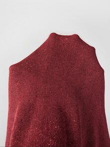 SHEIN New Spring Fall Glam Lurex Knit Slant Cut V Neck Top Women Drop Shoulder Three Quarter Cuff Sleeve Rel - Burgundy - View 4