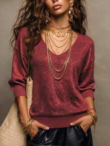 SHEIN New Spring Fall Glam Lurex Knit Slant Cut V Neck Top Women Drop Shoulder Three Quarter Cuff Sleeve Rel - Burgundy - View 1