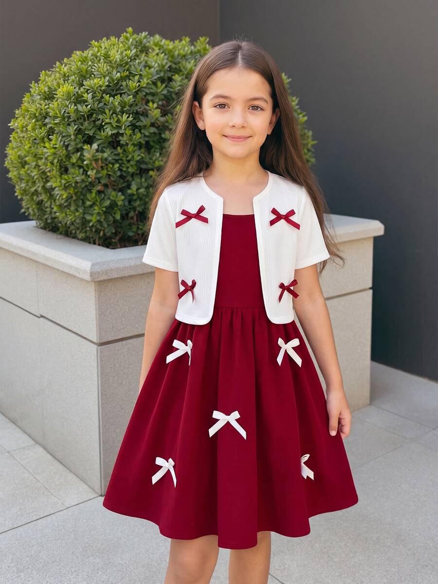 SHEIN Tween Girl Casual Elegant Bow Decor Top And Dress Set, Bow Clothes, - Red and White - View 1