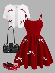 SHEIN Tween Girl Casual Elegant Bow Decor Top And Dress Set, Bow Clothes, - Red and White - View 3