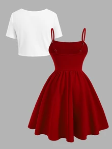 SHEIN Tween Girl Casual Elegant Bow Decor Top And Dress Set, Bow Clothes, - Red and White - View 2