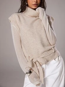 TRNVIE Women's Autumn/Winter Lazy Fashion Minimalist Daily Commute Photo-Ready High Neck Bowknot Tie-Up Knit Top - Khaki - View 4