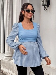 SHEIN 孕婦方領長袖上衣，秋季女裝穿搭 - 藍色 - 查看 4