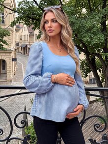SHEIN 孕婦方領長袖上衣，秋季女裝穿搭 - 藍色 - 查看 9