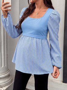 SHEIN 孕婦方領長袖上衣，秋季女裝穿搭 - 藍色 - 查看 5