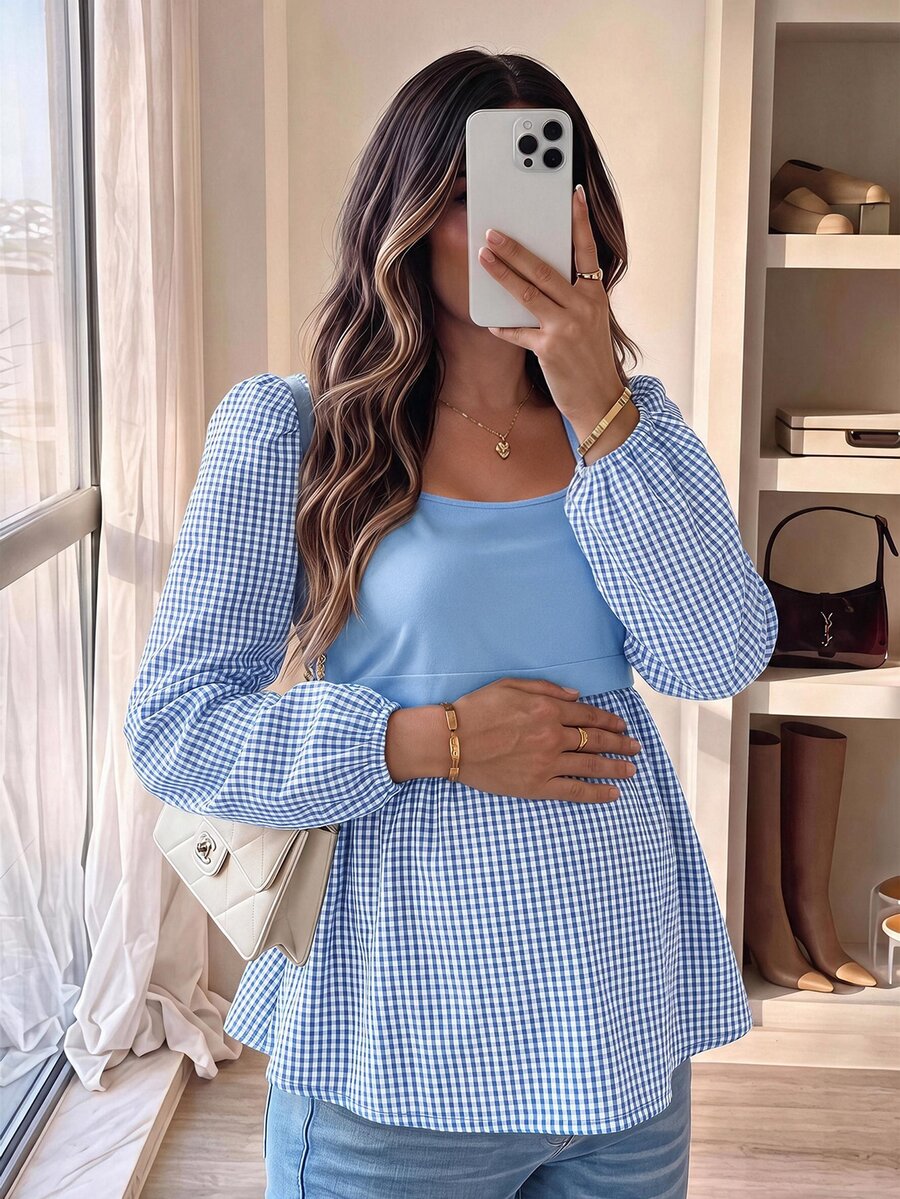 SHEIN 孕婦方領長袖上衣，秋季女裝穿搭 - 藍色 - 查看 1