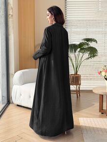 Yasmyna Women's Solid Color Long Sleeve Robe And Pleated Skirt Casual Daily Arabic Outfit - Black - View 2