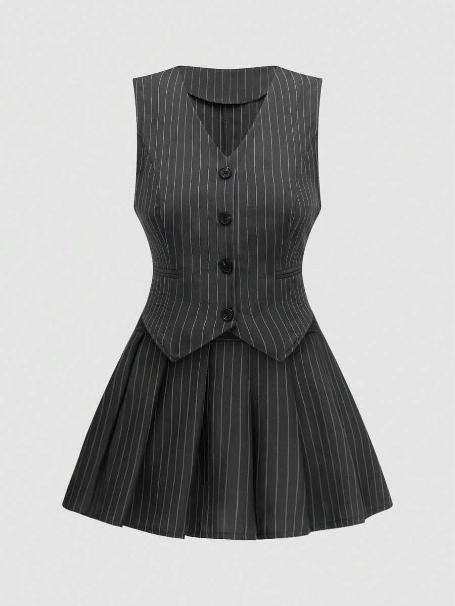 Sweetra Women'S Striped Single-Breasted Vest And Skirt Set - Multicolor - View 1