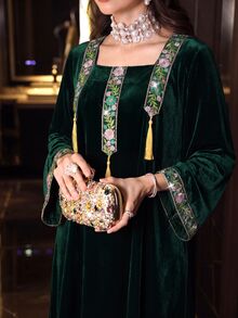 Mulvari Al Najma Women Fall Winter Elegant Dark Green V Lapel Velvet Long For Banquet Party Gold Embroidery Applique, Luxurious And Graceful Style, Jalabiya - Green - View 6