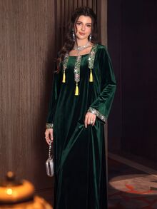 Mulvari Al Najma Women Fall Winter Elegant Dark Green V Lapel Velvet Long For Banquet Party Gold Embroidery Applique, Luxurious And Graceful Style, Jalabiya - Green - View 9