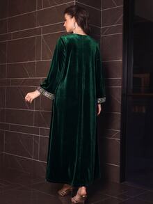 Mulvari Al Najma Women Fall Winter Elegant Dark Green V Lapel Velvet Long For Banquet Party Gold Embroidery Applique, Luxurious And Graceful Style, Jalabiya - Green - View 7