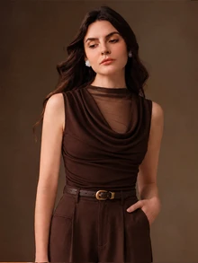 Anewsta Autumn/Winter New Elegant Fashion Casual Outing Date Holiday Versatile Mesh Patchwork Cowl Neck Knit Vest For Women - Coffee Brown - View 6