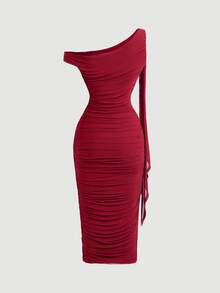 Skyraze Women's Solid Color Oblique Shoulder Ruffle Splice Flounce Slim Elegant Burgundy Midi Dress - Burgundy - View 4